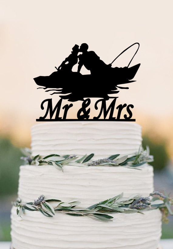 Mr and Mrs wedding cake topper,fishing couple in boat,wedding decorati –  DokkiDesign
